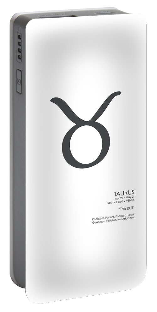 Taurus Portable Battery Charger featuring the mixed media Taurus Print - Zodiac Signs Print - Zodiac Posters - Taurus Poster - Black and White - Taurus Traits by Studio Grafiikka