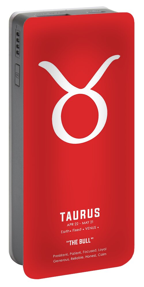Taurus Portable Battery Charger featuring the mixed media Taurus Print - Zodiac Signs Print - Zodiac Posters - Taurus Poster - Red and White - Taurus Traits by Studio Grafiikka