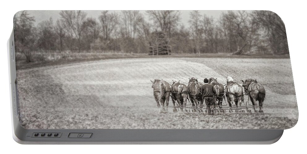 Amish Portable Battery Charger featuring the photograph Team of Six Horses Tilling the Fields by Tom Mc Nemar