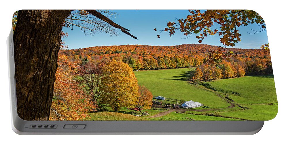 Woodstock Portable Battery Charger featuring the photograph Tending to the Farm Woodstock Vermont VT Vibrant Autumn Foliage Yellow and Orange by Toby McGuire
