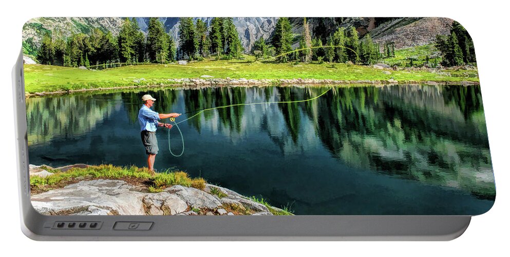 Teton Portable Battery Charger featuring the painting Grand Teton National Park Mountain Lake Fishing by Christopher Arndt