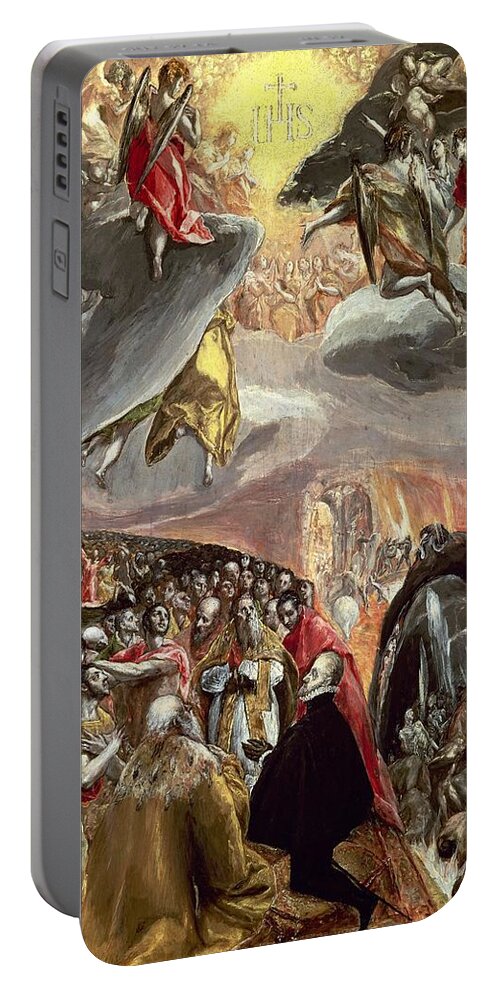 Alvise Mocenigo (1577) Portable Battery Charger featuring the painting The Adoration of the Name of Jesus - 16th century -. EL GRECO . Pope Pius V . PHILIP II OF SPAIN. by El Greco -1541-1614-