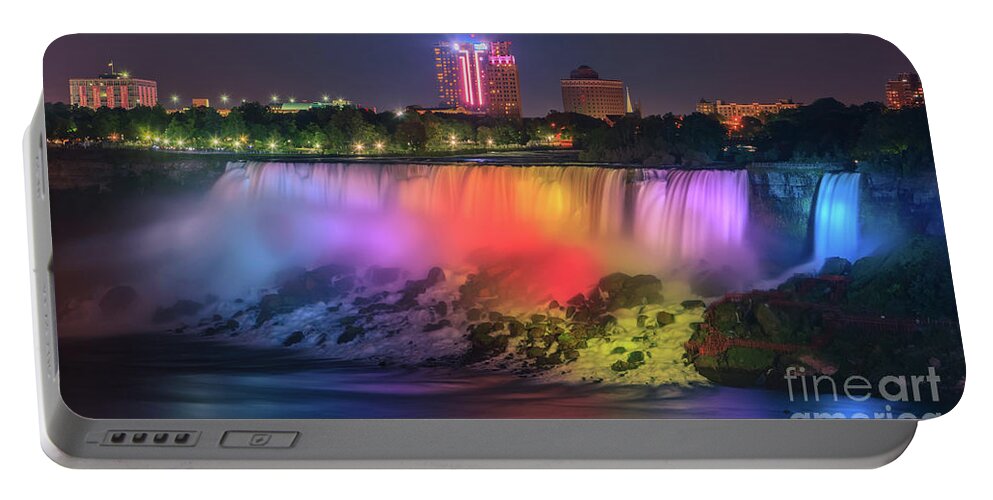 Majestic Portable Battery Charger featuring the photograph The American Falls at Niagara Falls at twilight. by Henk Meijer Photography
