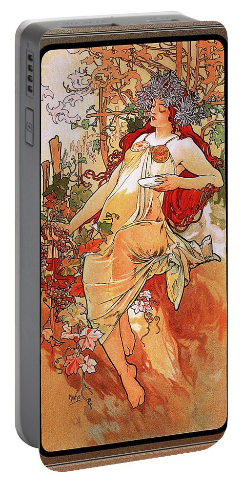 The Autumn Portable Battery Charger featuring the painting The Autumn by Alphonse Mucha by Rolando Burbon