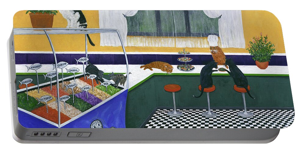 Karen Zuk Rosenblatt Portable Battery Charger featuring the painting The Cat Cafe by Karen Zuk Rosenblatt