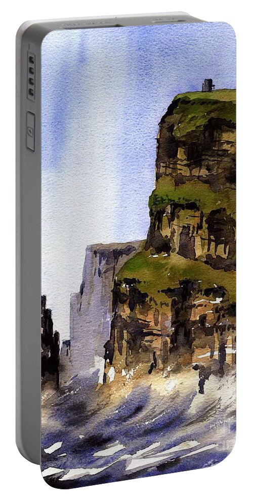 Moher Portable Battery Charger featuring the painting The Cliffs of Moher, Co. Clare by Val Byrne
