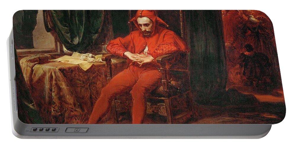 Jan Matejko Portable Battery Charger featuring the painting The court jester Stanczyk receives news of the loss of Smolensk -1514-. by Jan Matejko