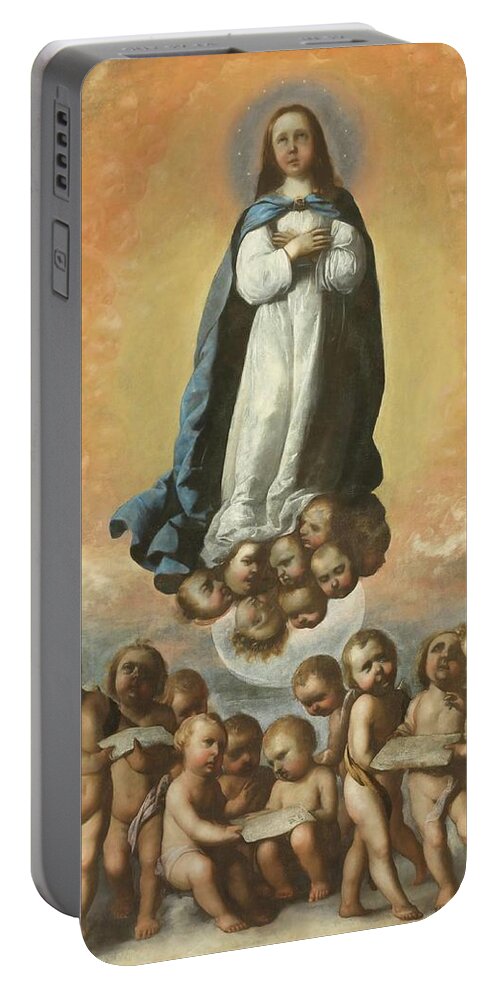 Francisco De Zurbaran Portable Battery Charger featuring the painting 'The Immaculate Conception as a Child'. 1656. Oil on canvas. VIRGIN MARY. by Francisco de Zurbaran -c 1598-1664-
