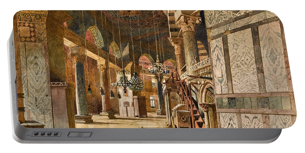 Carl Haag Portable Battery Charger featuring the drawing The Inner Corridor of the Dome of the Rock, Jerusalem by Carl Haag