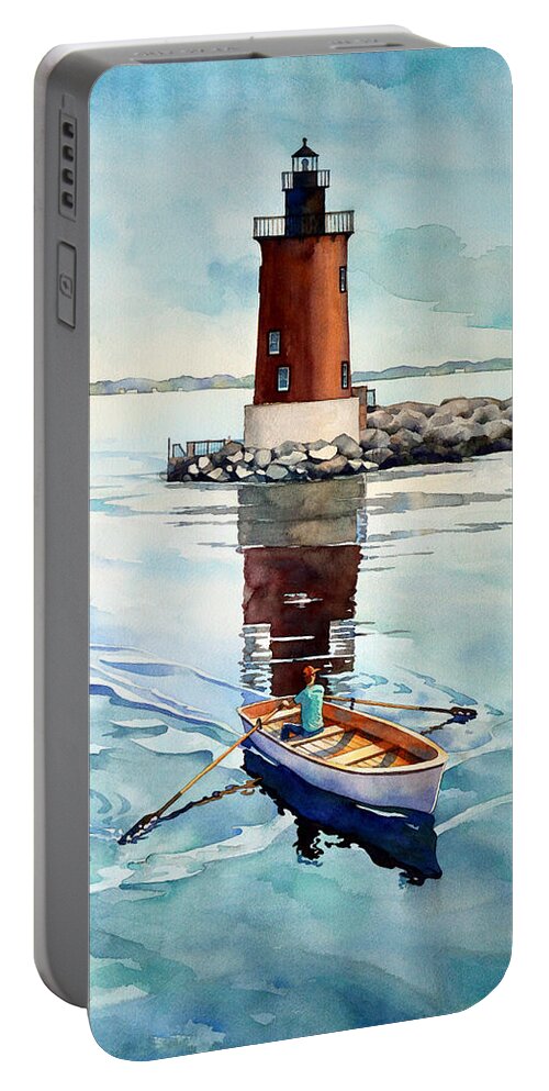 #watercolor #watercolorpainting #delaware #delawarebay #ral #capehenlopen #lighthouse #art #artistsoninstagram #boat #landscape #painting #rowing #rehobothbeach #water Portable Battery Charger featuring the painting The Lighthouse Keeper by Mick Williams