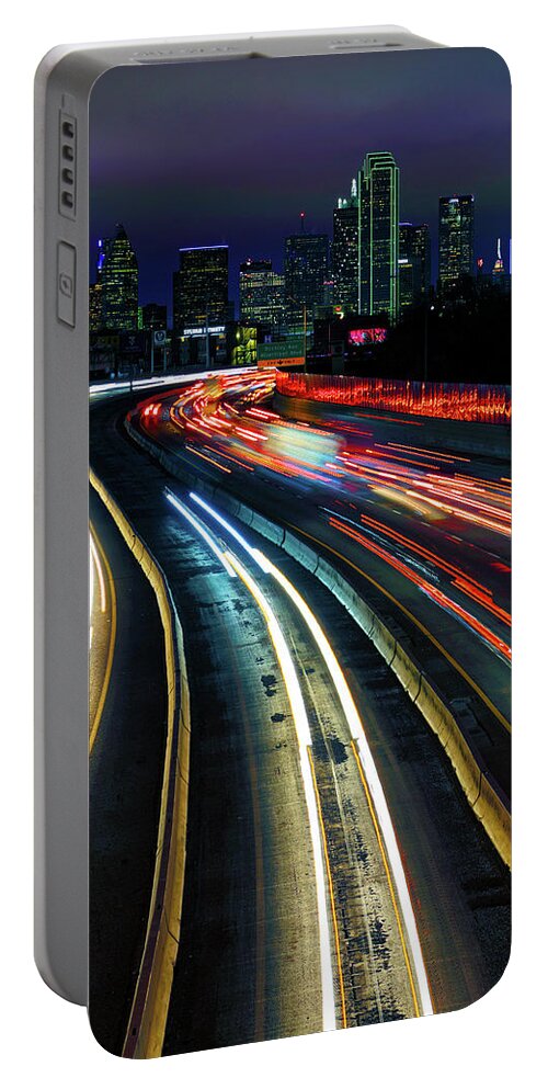 Dallas Skyline Portable Battery Charger featuring the photograph The Long Road to Dallas - Dallas Skyline - Tom Landry Freeway by Jason Politte