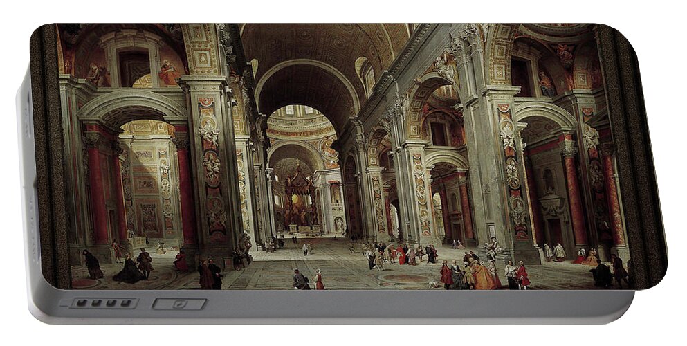 The Nave Of St. Peter's Basilica Portable Battery Charger featuring the painting The Nave of St Peter's Basilica in the Vatican c1735 by Giovanni Paolo Pannini by Rolando Burbon
