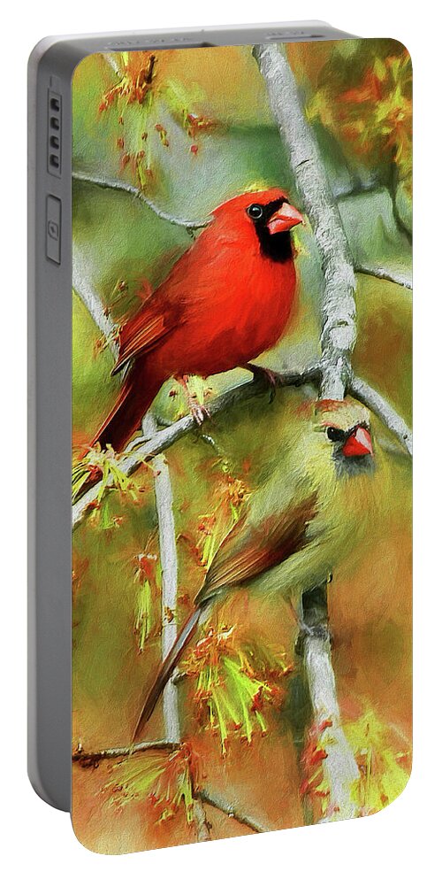 Cardinal Portable Battery Charger featuring the mixed media The Newlyweds by Tina LeCour
