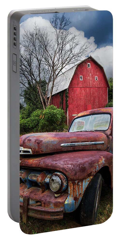 1940 Portable Battery Charger featuring the photograph The Old Red Barn Truck by Debra and Dave Vanderlaan