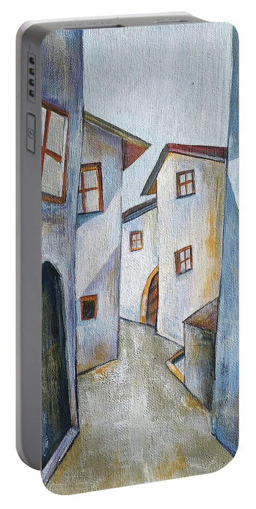 Acrylic On Canvas Portable Battery Charger featuring the painting The old town by Aniko Hencz