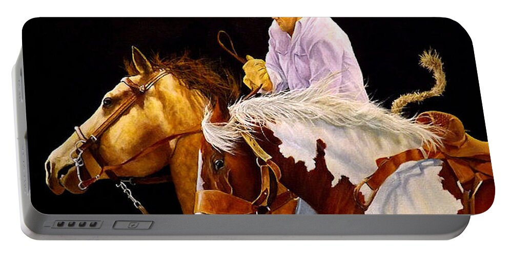 Rodeo. Portable Battery Charger featuring the painting The Pick Up Rider by Barry BLAKE