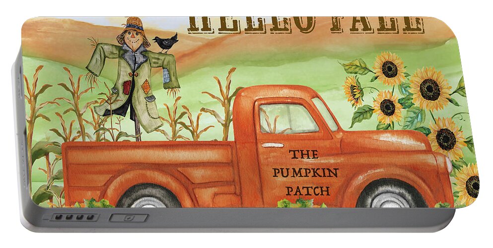 Autumn Portable Battery Charger featuring the painting The Pumpkin Patch Truck C by Jean Plout