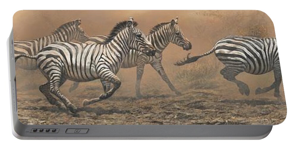 Alan M Hunt Portable Battery Charger featuring the painting The Race - Zebras by Alan M Hunt