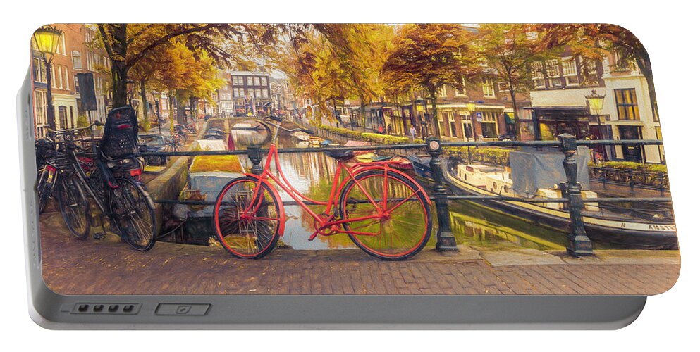 Boats Portable Battery Charger featuring the photograph The Red Bike in Amsterdam in Autumn by Debra and Dave Vanderlaan