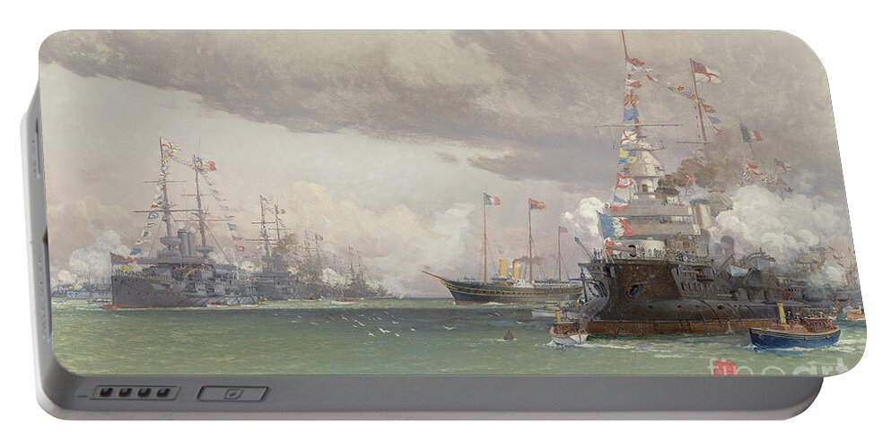 Ocean Portable Battery Charger featuring the painting The Royal Yacht Victoria and Albert III reviewing the Anglo French fleet in Cowes Road, 1905 by Eduardo de Martino