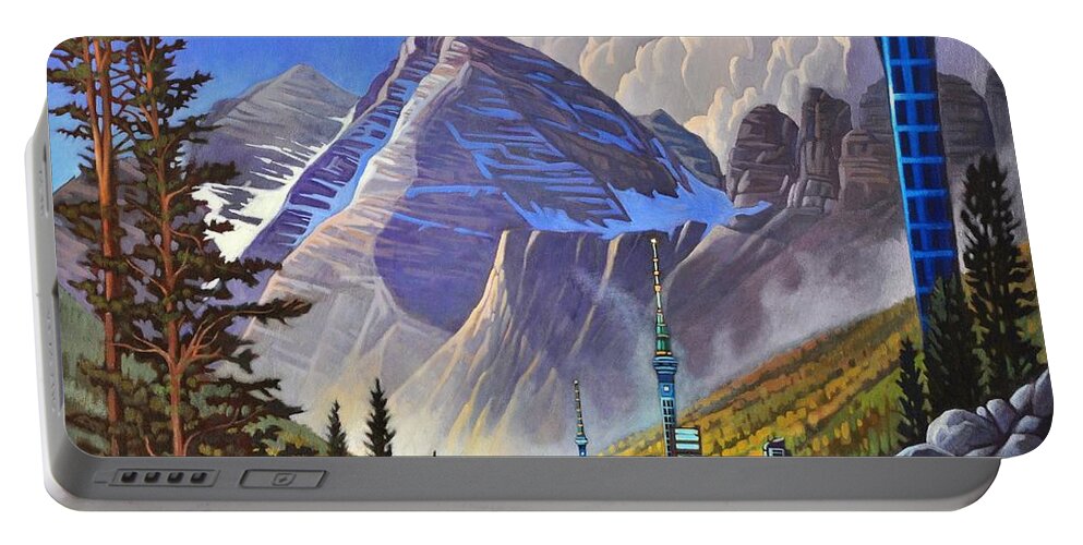 Spires Portable Battery Charger featuring the painting The Three Towers by Art West