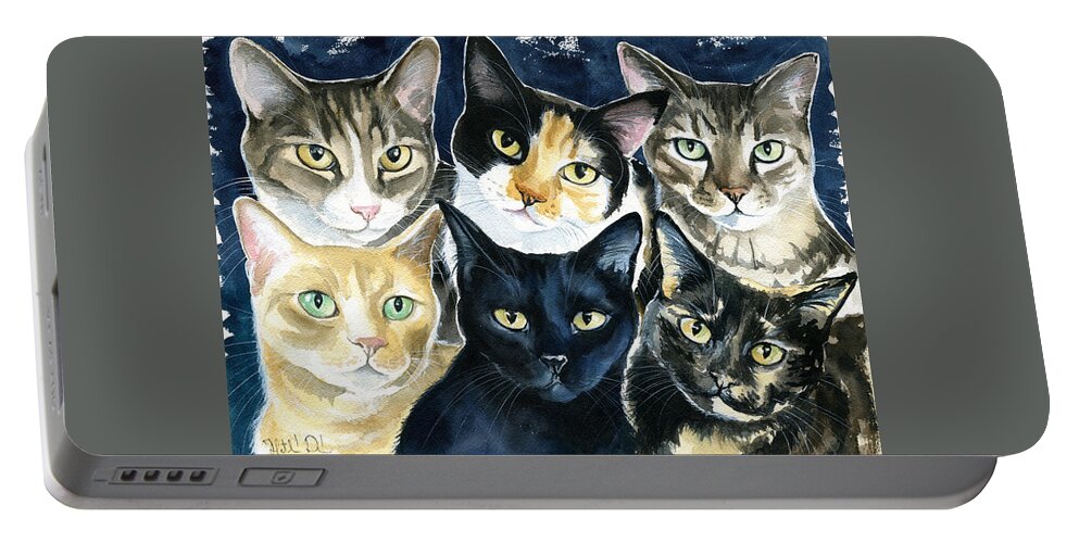 Pet Portrait Portable Battery Charger featuring the painting The Tuna Can Gang by Dora Hathazi Mendes