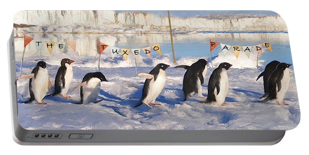 Penguins Portable Battery Charger featuring the mixed media The Tuxedo Parade by Colleen Taylor