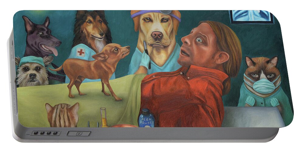 Vet Portable Battery Charger featuring the painting The Vet's Worst Nightmare by Leah Saulnier The Painting Maniac
