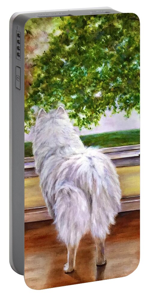 American Eskimo Dog Portable Battery Charger featuring the painting The Visit by Dr Pat Gehr