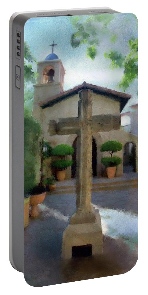 Sedona Portable Battery Charger featuring the mixed media The Wedding Chapel at Tlaquepaque, Sedona by Colleen Taylor