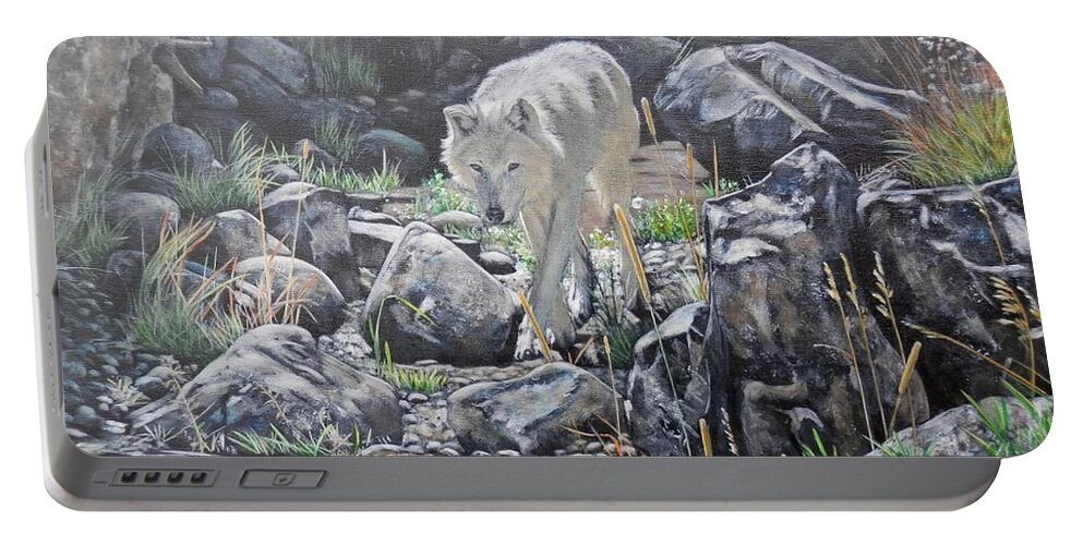 Wolf Portable Battery Charger featuring the painting Thirst of the Wolf by John Neeve
