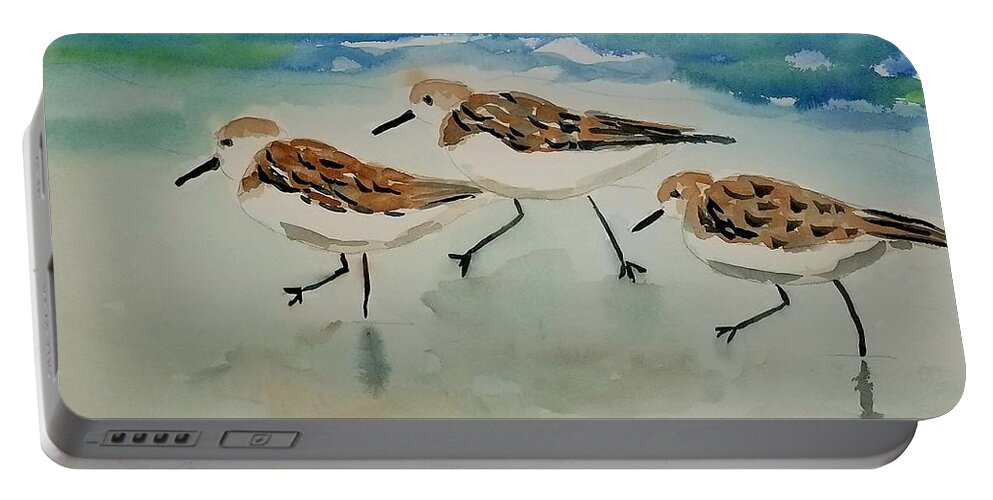 Plovers Portable Battery Charger featuring the painting Three birds at the beach by Ann Frederick