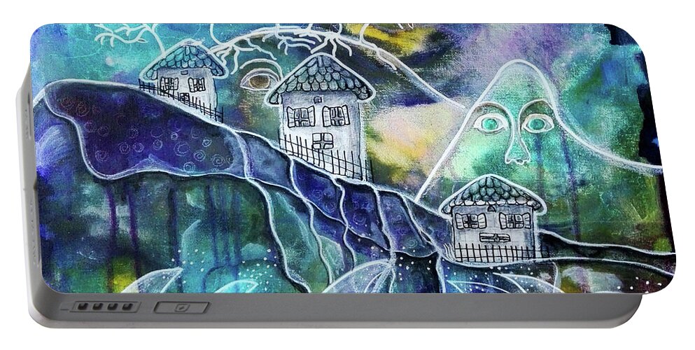 House Portable Battery Charger featuring the mixed media Three Houses on a Cliff by Mimulux Patricia No