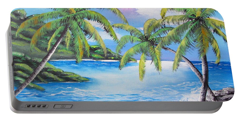 Three Palms Portable Battery Charger featuring the painting Three Palms by the Tropical Ocean by Luis F Rodriguez