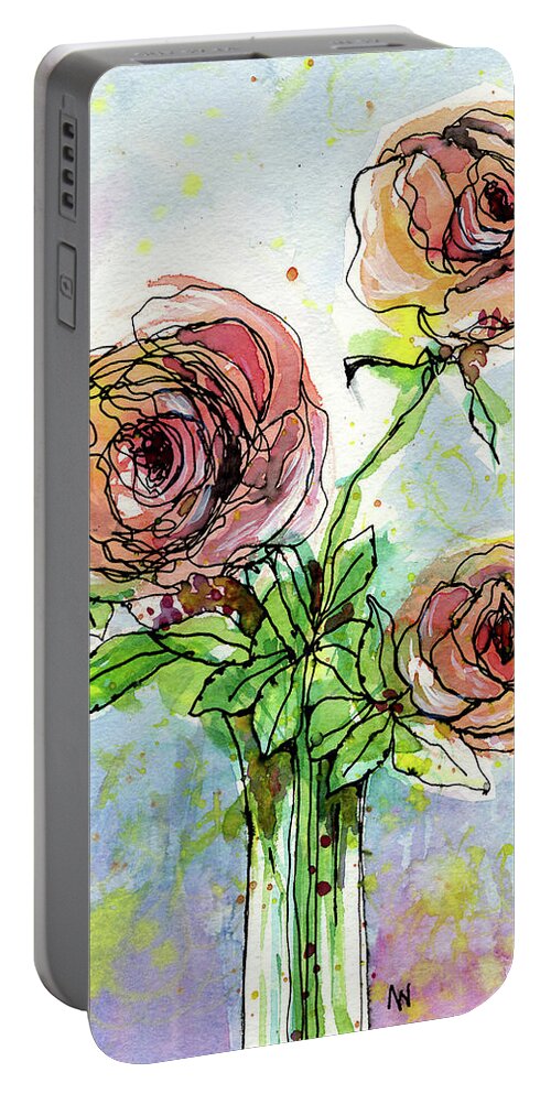 Watercolor Portable Battery Charger featuring the painting Three Roses by AnneMarie Welsh
