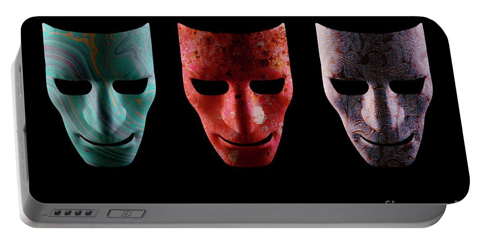 Mask Portable Battery Charger featuring the photograph Three textured AI robotic face masks by Simon Bratt