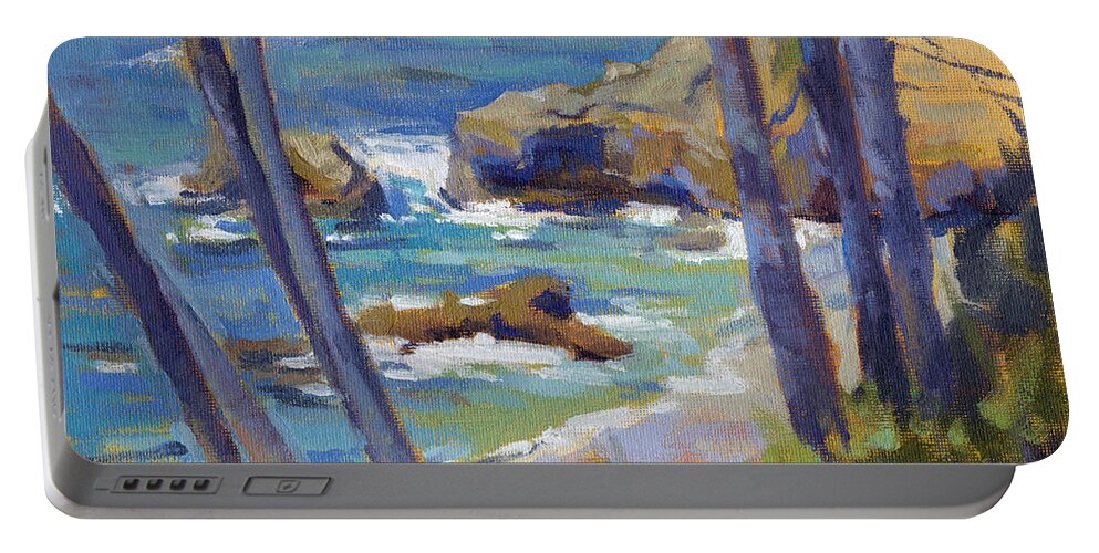 Rocks Portable Battery Charger featuring the painting Through the Trees by Konnie Kim
