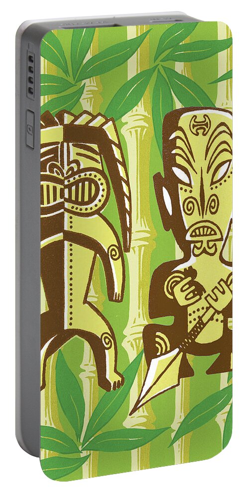 Bamboo Portable Battery Charger featuring the drawing Tiki Figures in Foilage by CSA Images