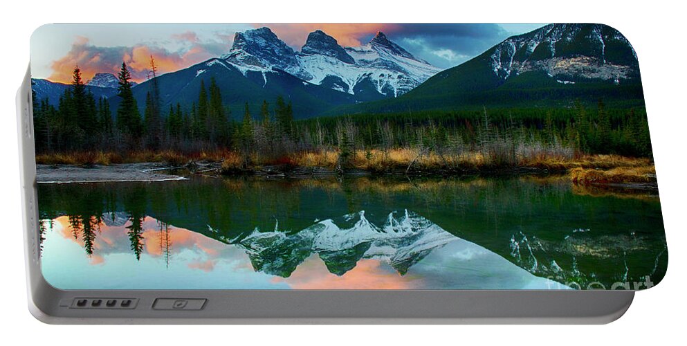 The Three Sisters Portable Battery Charger featuring the photograph To The Wild Country Canadian Rocky Mountains 3 by Bob Christopher