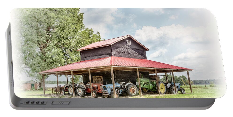 Barn Portable Battery Charger featuring the photograph Tobacco Barn and Tractors #1919 by Susan Yerry