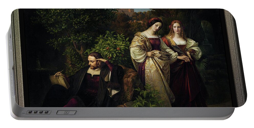 Torquato Tasso Portable Battery Charger featuring the painting Torquato Tasso and the Two Leonores by Karl Ferdinand Sohn by Rolando Burbon