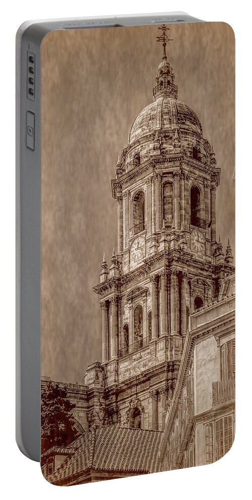 Cathedral Of Malaga Portable Battery Charger featuring the photograph Towering Above Malaga, Sepia Vertical by Marcy Wielfaert