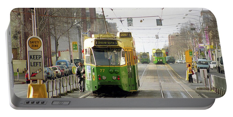 Trams Portable Battery Charger featuring the photograph Trams, Melbourne, Circa 1998 by Jerry Griffin