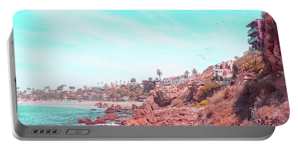 Georgia Mizuleva Portable Battery Charger featuring the photograph Transcending Reality - Corona Del Mar Beach and Cliffs in Coral Pink and Turquoise by Georgia Mizuleva