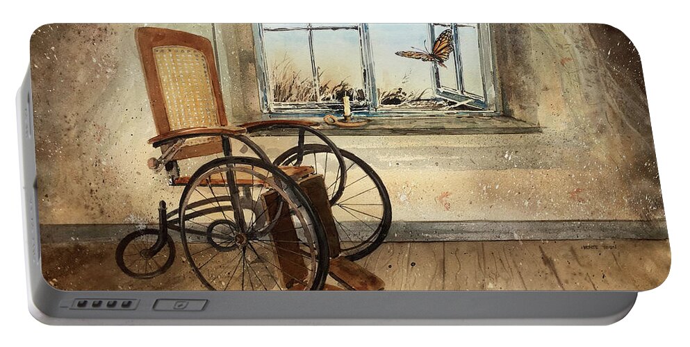An Antique Empty Wheel Chair Sets By An Open Window As Butterfly Soars Outward. Portable Battery Charger featuring the painting Transitioning by Monte Toon