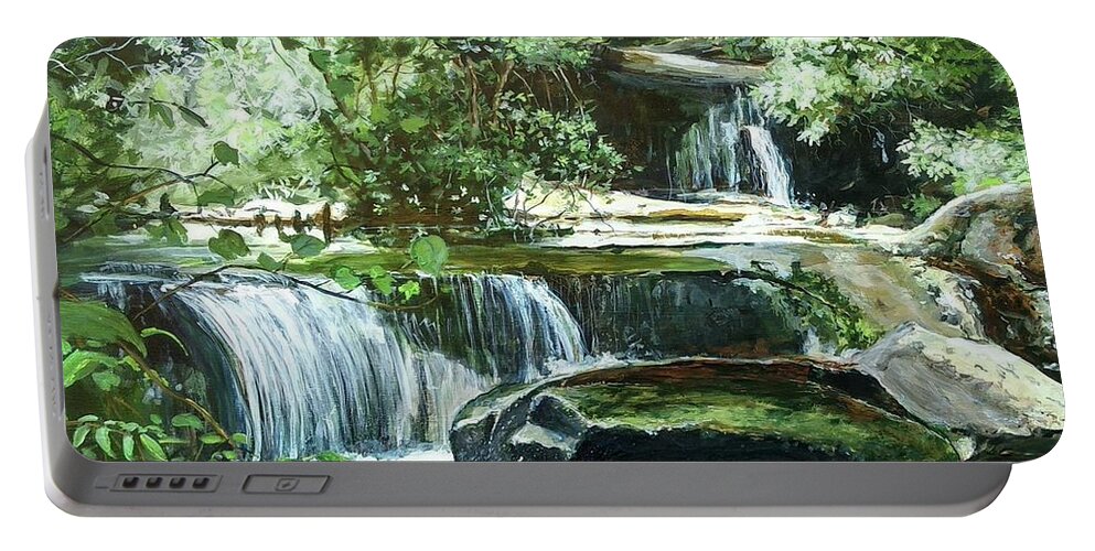 Waterfall Portable Battery Charger featuring the painting Traveling On by William Brody
