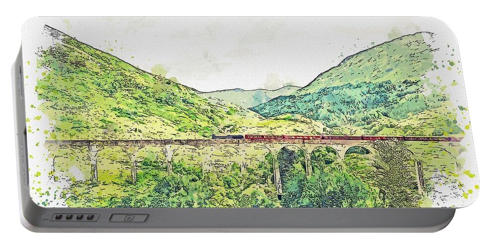 Nature Portable Battery Charger featuring the painting Traveling over Glenfinnan viaduct, Glenfinnan, Scotland watercolor by Ahmet Asar by Celestial Images