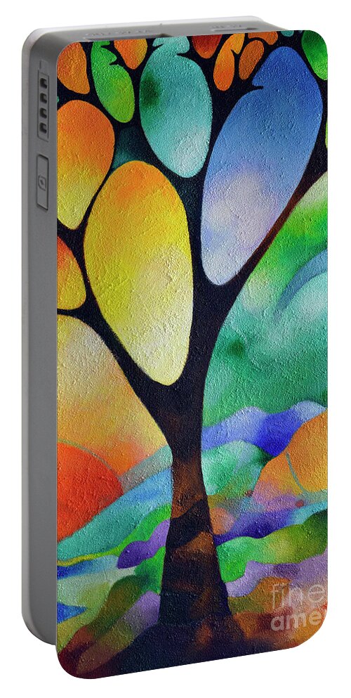 Abstract Portable Battery Charger featuring the painting Tree of Joy by Sally Trace