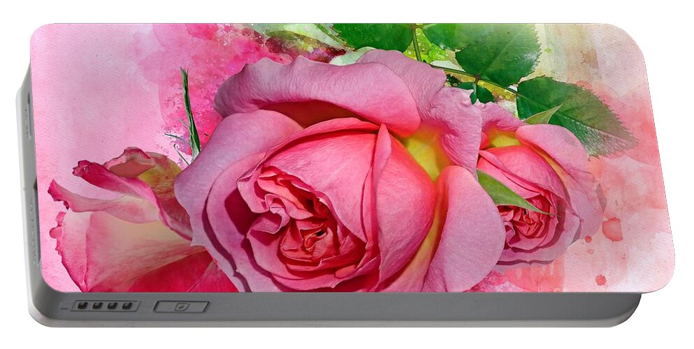 Pink Roses Portable Battery Charger featuring the mixed media Trio of Pink Roses by Morag Bates