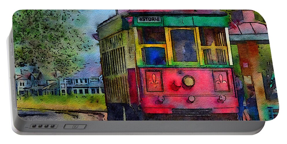 Historic Trolly Portable Battery Charger featuring the mixed media Trolly Car by Bonnie Bruno